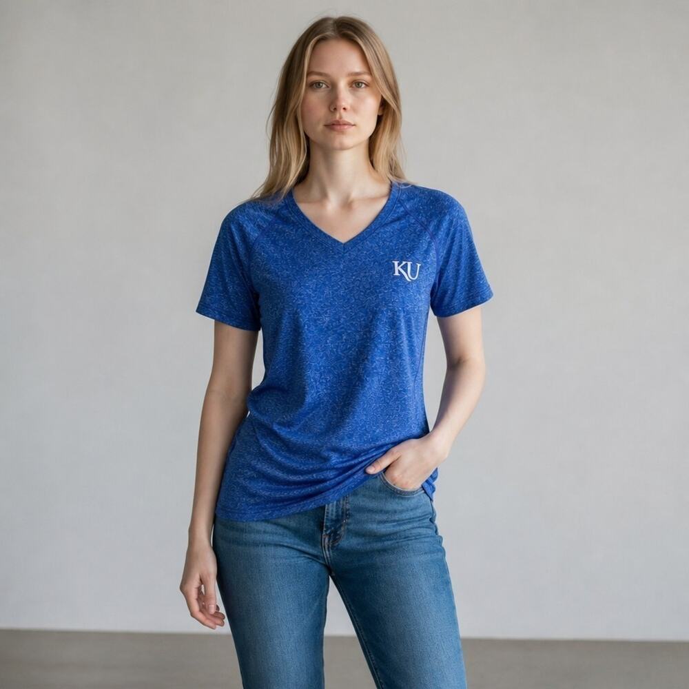 Adidas Climalite Womens KU Jayhawks V-Neck Tee Size M Blue Dry Wick Short Sleeve